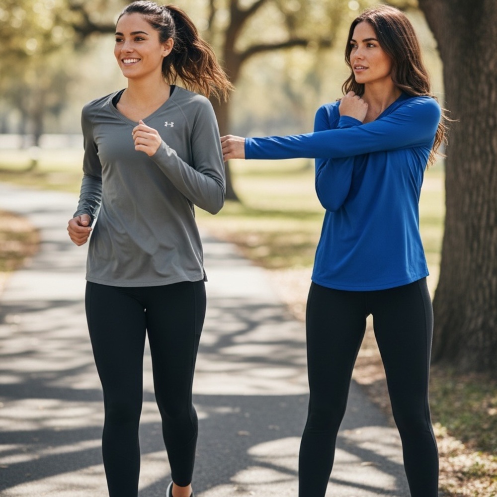 SET OF 2 Under Armour HeatGear V-Neck Long Sleeve Running Tops - Blue & Grey, L